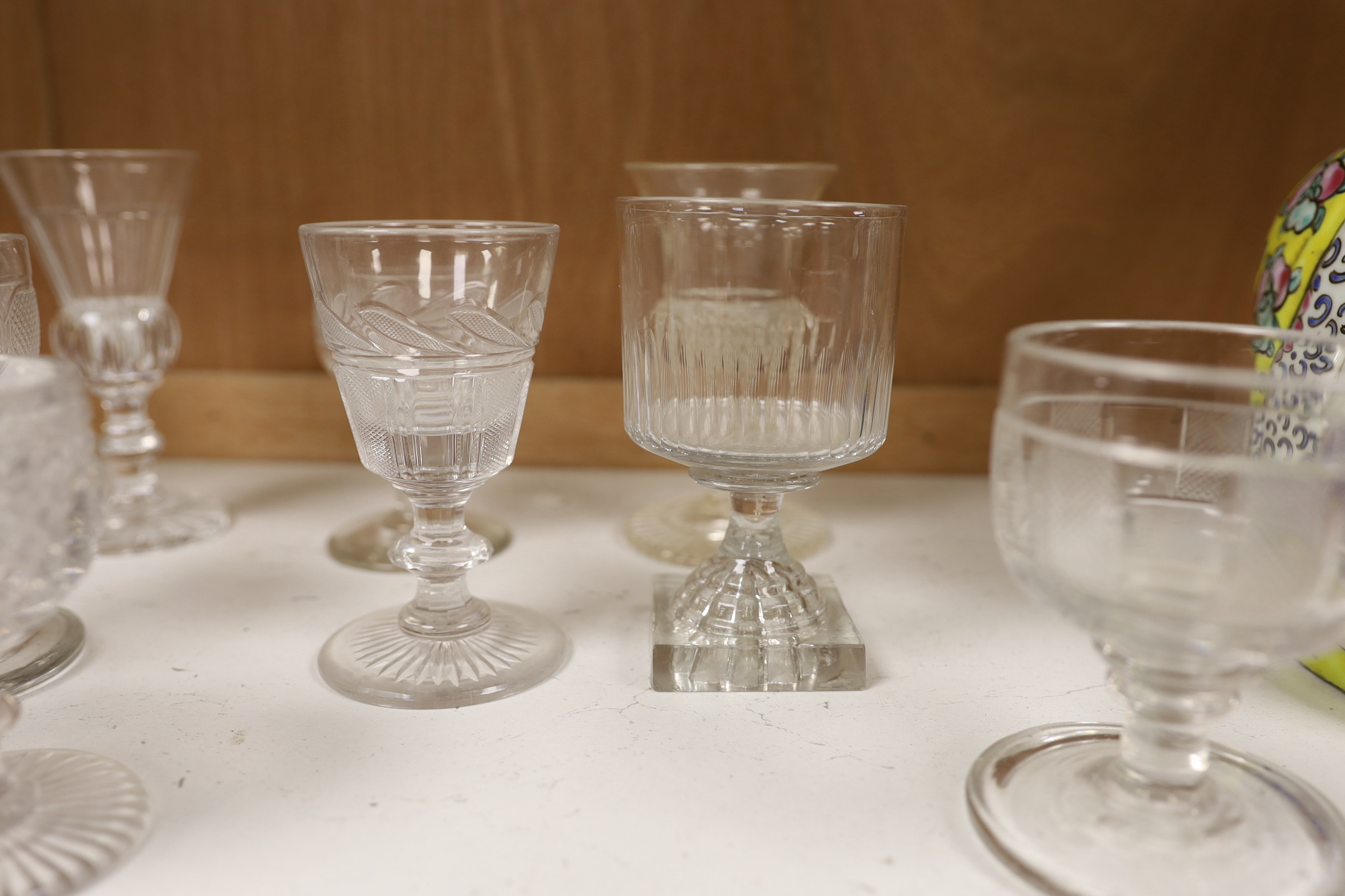 A group of Georgian to 20th century small drinking glasses, tallest 12.5cm (12)